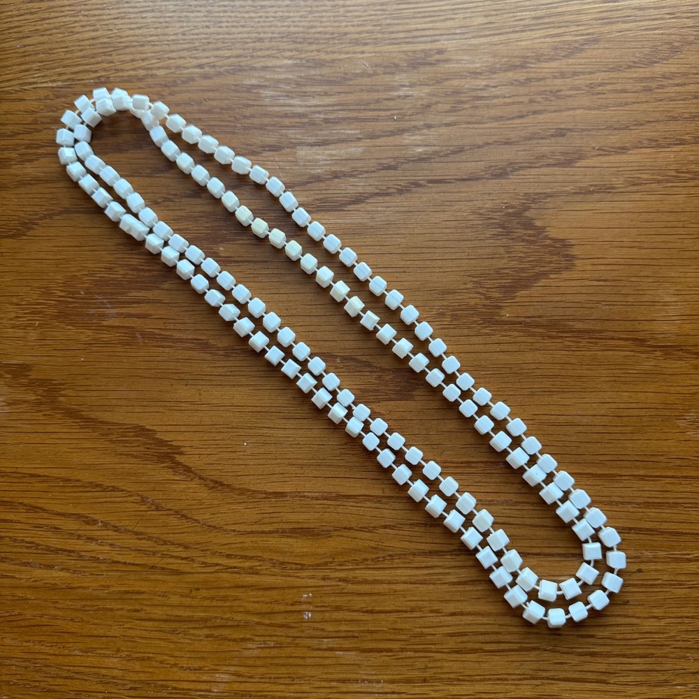 Vintage White Faceted Plastic Cube Beaded Necklace Long Strand Statement